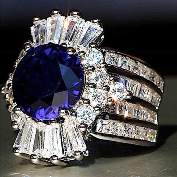 Blue Sapphire Sterling Silver Baguette Crown Statement Ring - Picture 7 of 14